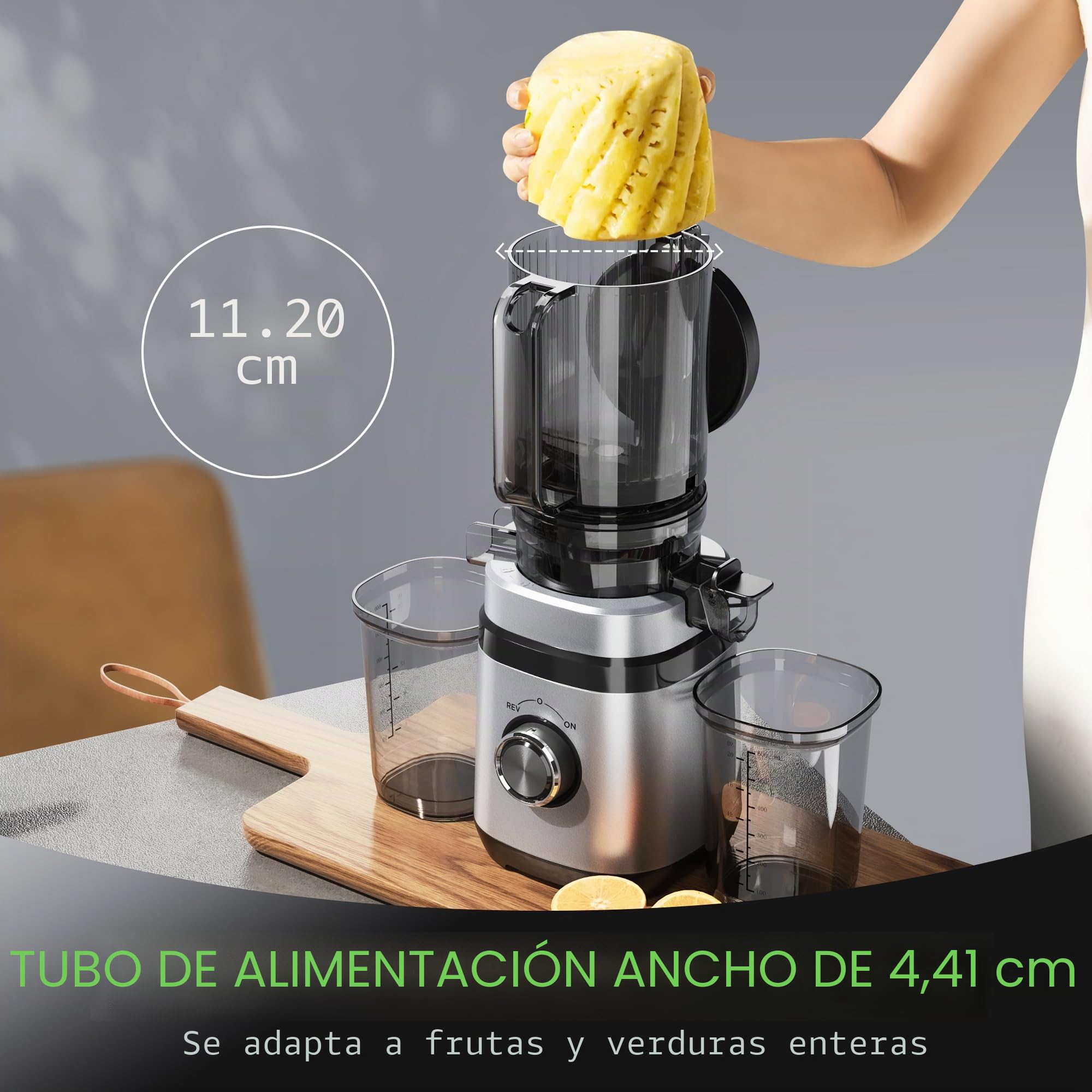 Extractor de Zumos en Frío | Slow Juicer para Frutas y Verduras | Motor DC Ultrasilencioso de 350W | Abertura Ancha de 110 mm | 2 Vasos Incluidos | Exprimidor Eléctrico
