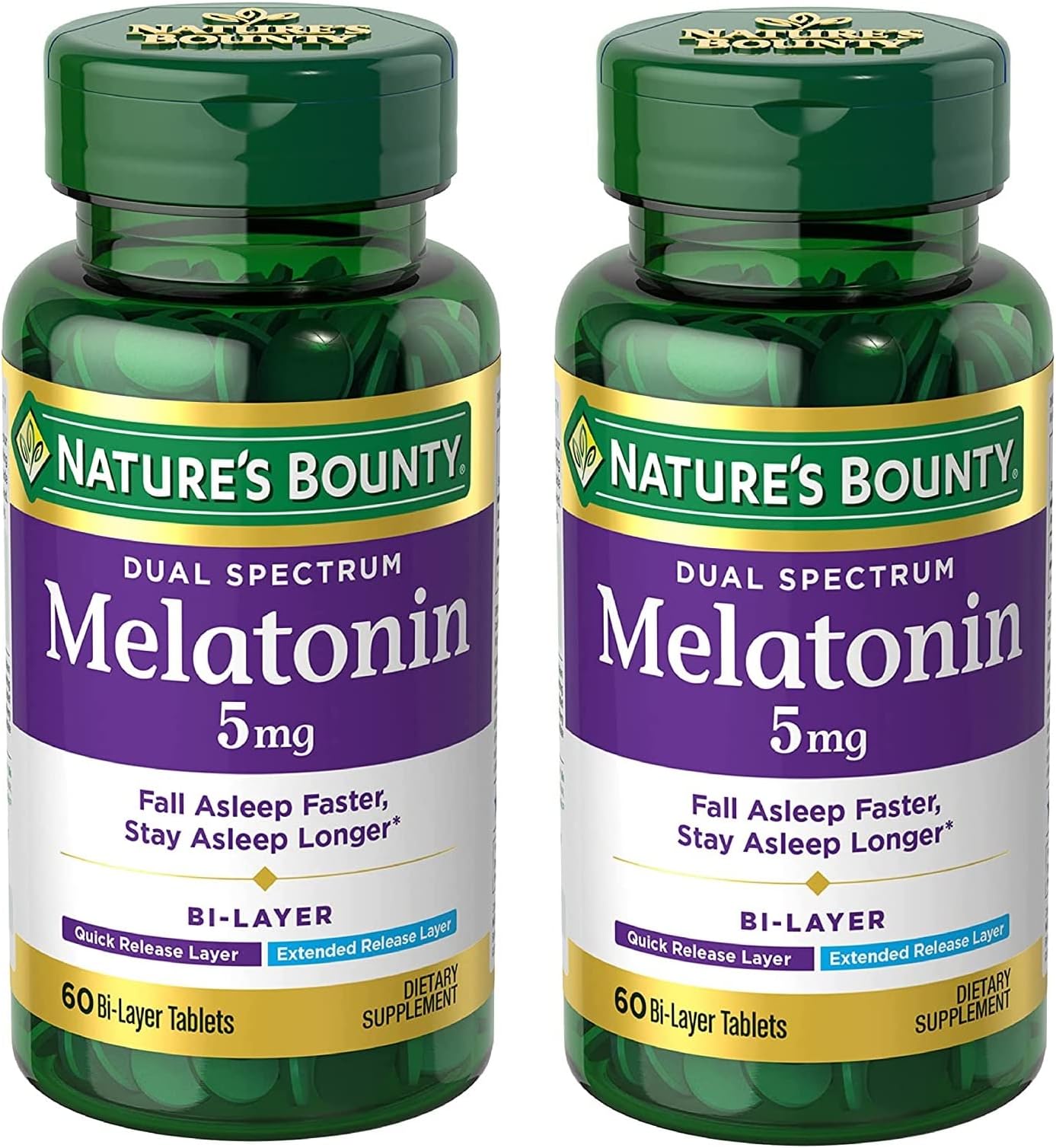 Nature's Bounty Melatonin 5mg Dual Spectrum, 100% Drug Free Sleep Supplement, Quick Release and Extended Release, Promotes Relaxation and Sleep Health, 60 Bi-Layer Tablets (Pack of 2)