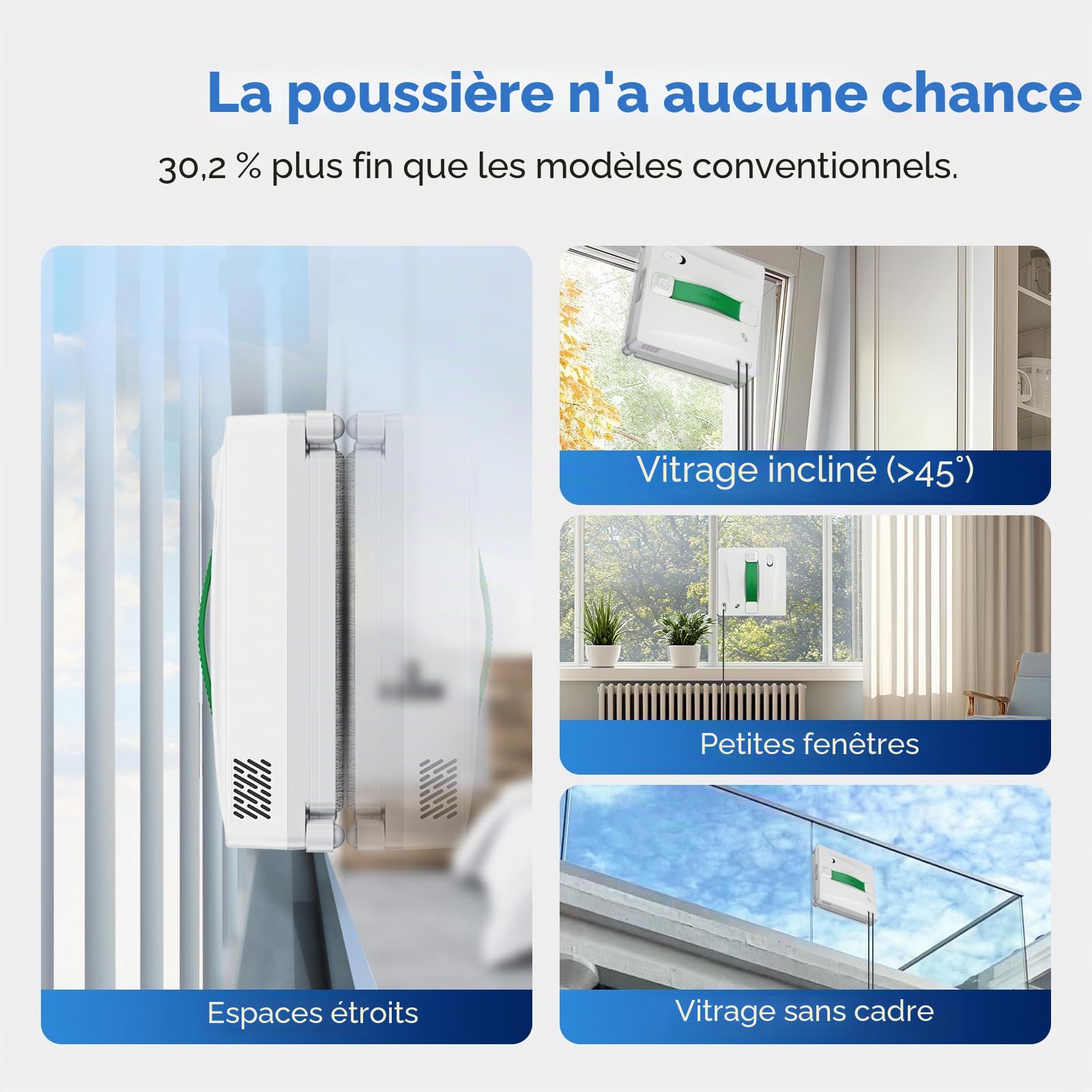 Fmart Robot nettoyeur de fenêtres W8 avec fonction pulvérisation, puissance d'aspiration 8000 Pa et technologie de détection des bords, robot de nettoyage automatique pour vitres avec 4 modes de