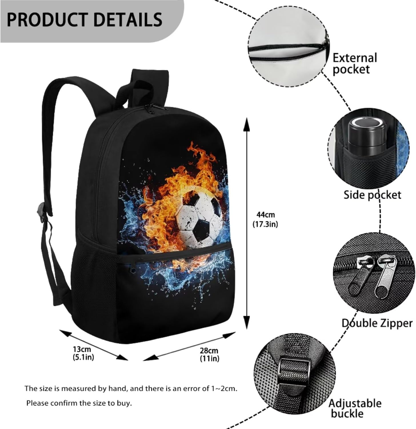 Water Fire Soccer School Backpack for Boys Girls Lunch Bag Pencil Case Water Bottle Holder 4pcs Back to School Supplies