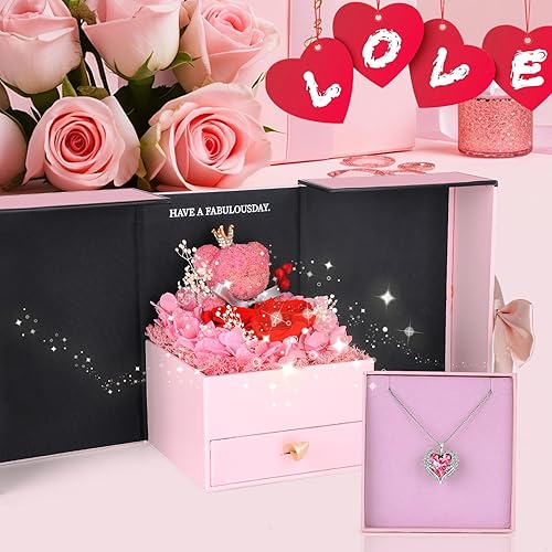 Miniatura 4 de Suturun Rosas reales preservadas para ella, rosa preservada eterna con collar, regalo romántico para ella, mamá, esposa, novia en aniversario de
