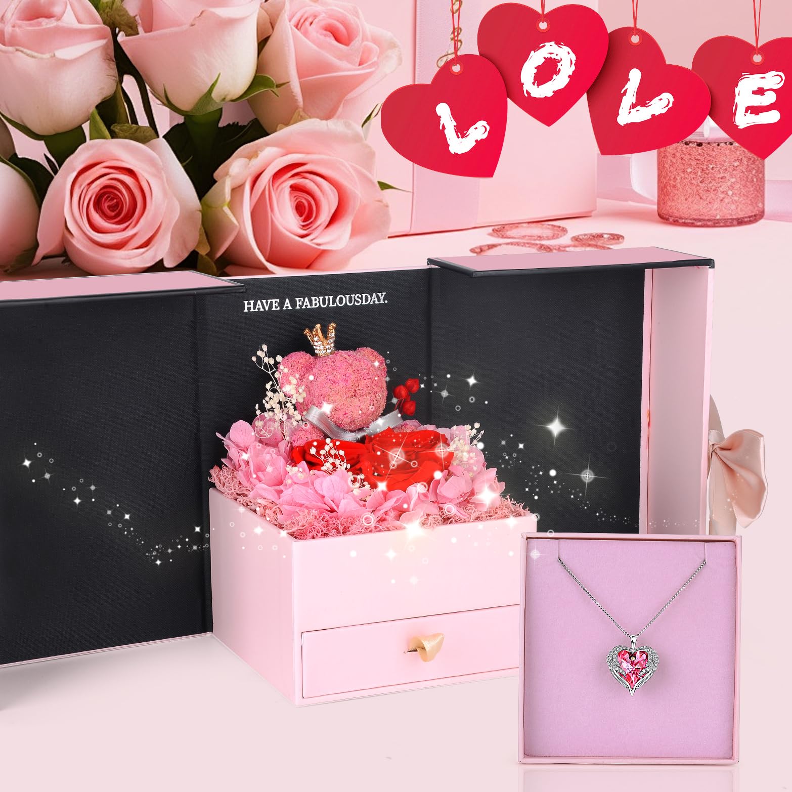 Rosa Eterna con Oso de Musgo,Rosa Eterna Natural Preservada con Collar Regalos Originales para Mujer Mama Novia Caja Regalo San Valentin,Dia de la Madre,Aniversario,Cumpleaños,Navidad