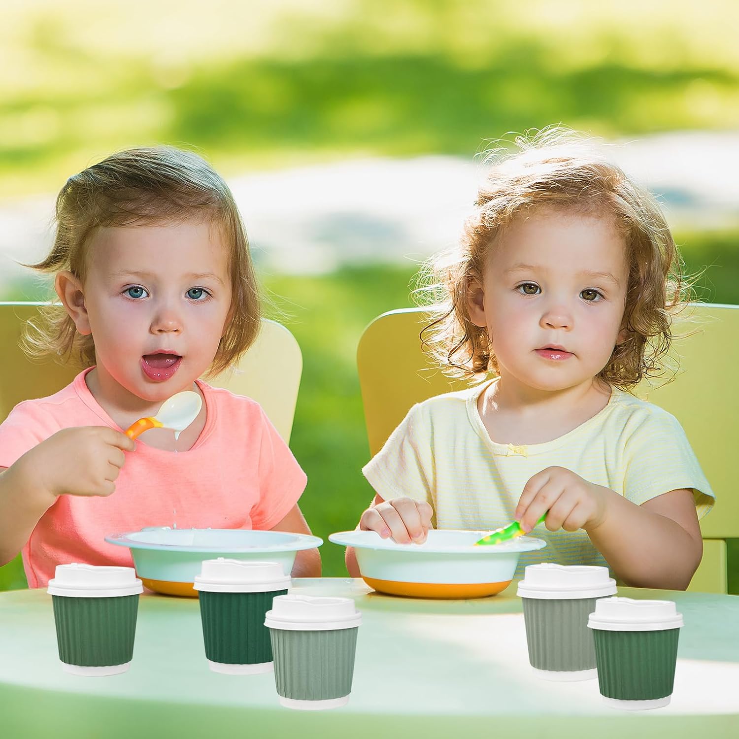 Whaline 100Pcs Sage Green Disposable Espresso Cups with Lids 4oz Gradient Green Paper Cups Corrugated Ripple Wall Insulated Hot Cups for Home Office Party Supplies - Image 5