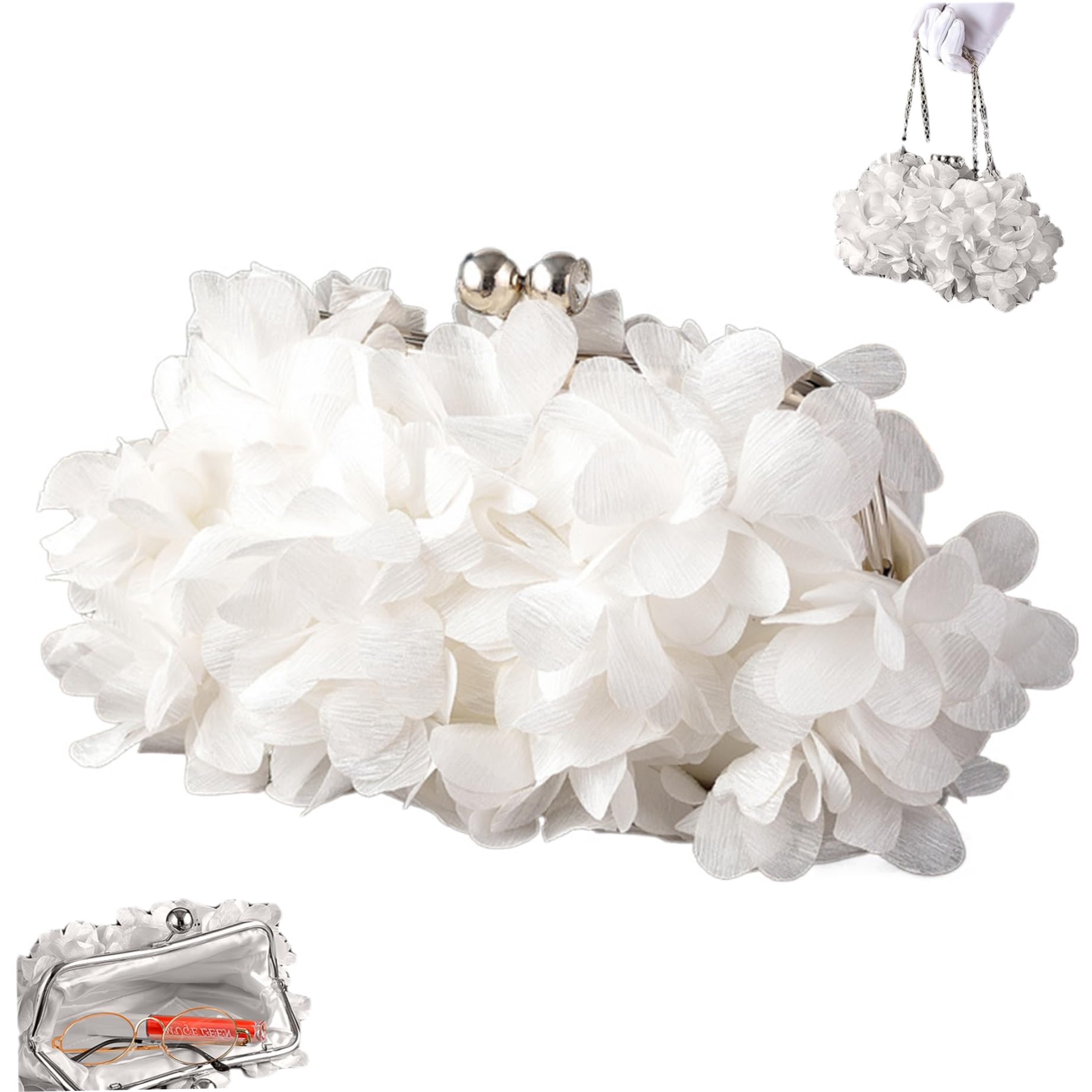 Pochette de soirée chic avec délicate fleur en satin et fermoir rétro - 7