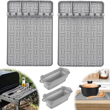 Vanys Silicone Griddle Tools Mat And Silicone Grease Cup Liners for Blackstone, Reusable Grease Catcher Cup And Silicone Spatula Mat Of Griddle Accessories For Blackstone. 4 PCS, Grey, Gray