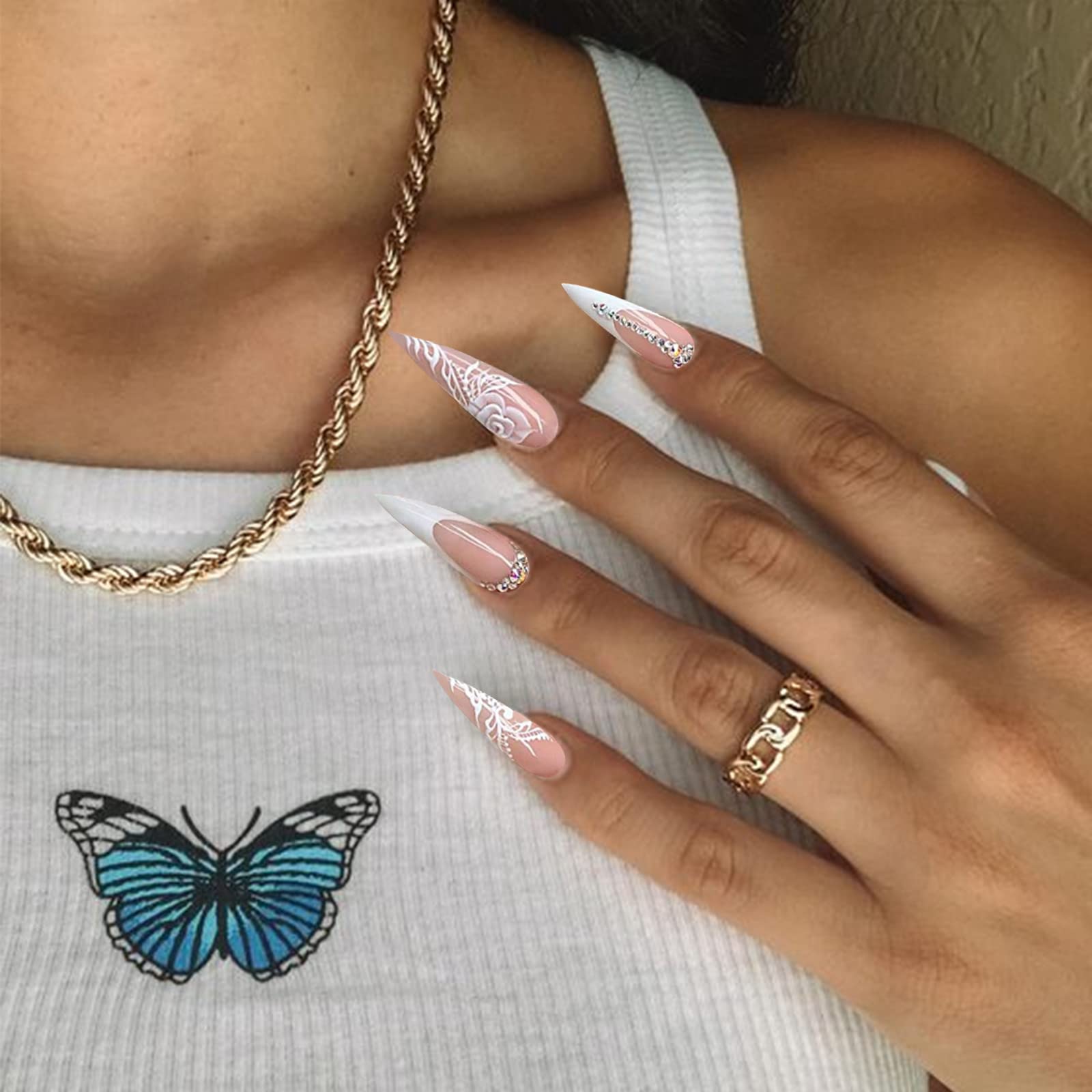 Long Stiletto Press On Nails Nude Glossy Artificial Nail Set_voghion.com