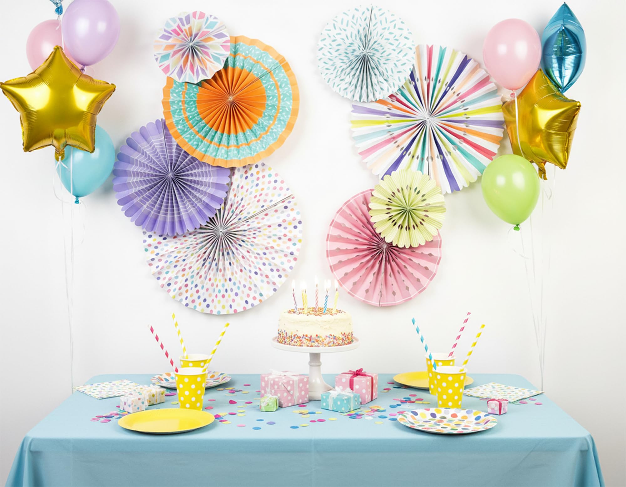 PapaKit Set Decorazioni Da Parete Origami - 8 Ventagli Rotondi Di Carta - Colori Carbone, Blu Gala E Oro Metallizzato Per Feste