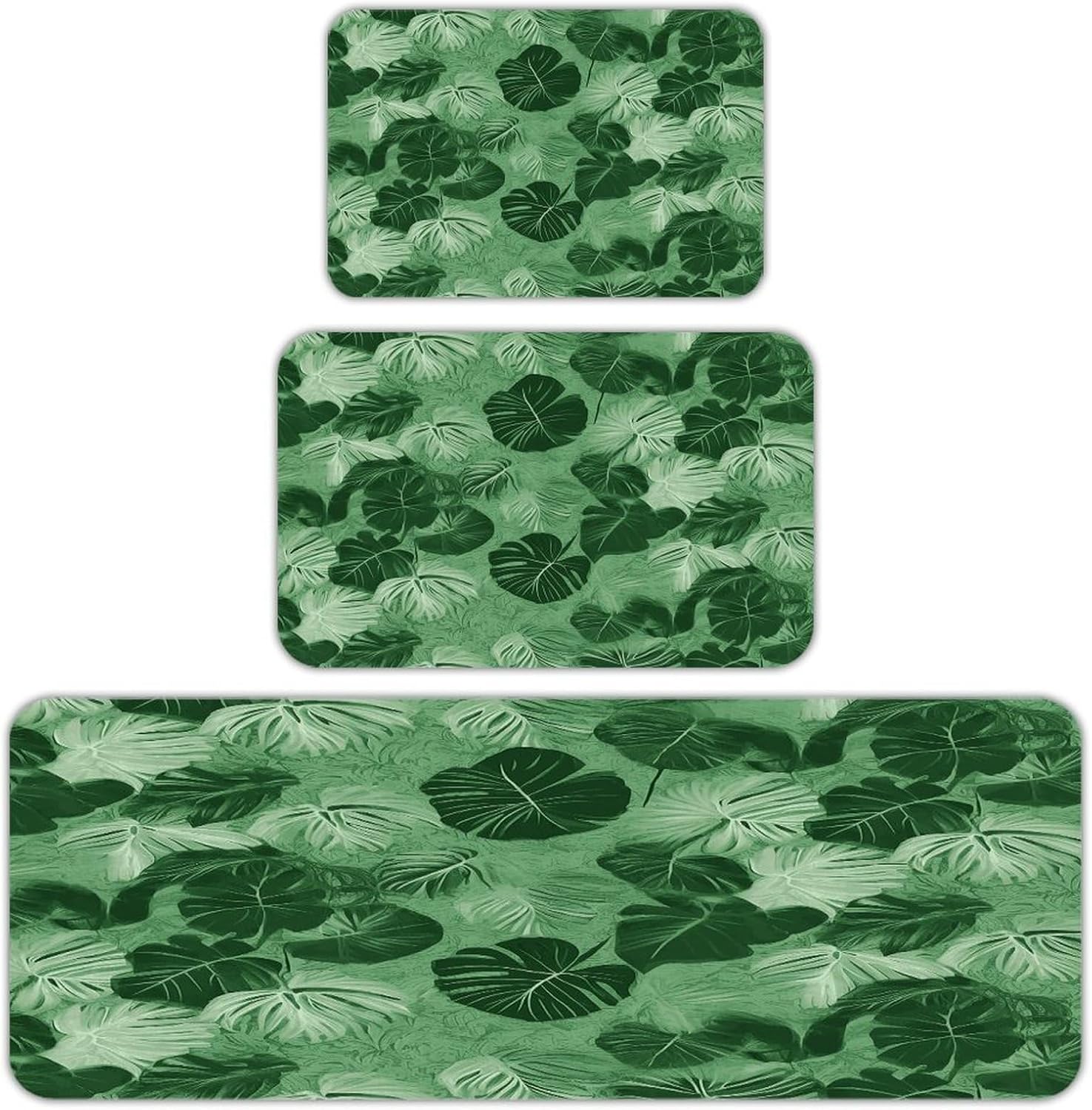 Green Tropical Leaves Kitchen Rugs Set of 3 Non Slip Washable Kitchen Mats for Floor Soft Area Rug Kitchen Floor Mat Cushioned Anti Fatigue Mats Standing Sink Mat Decor Runner Rugs