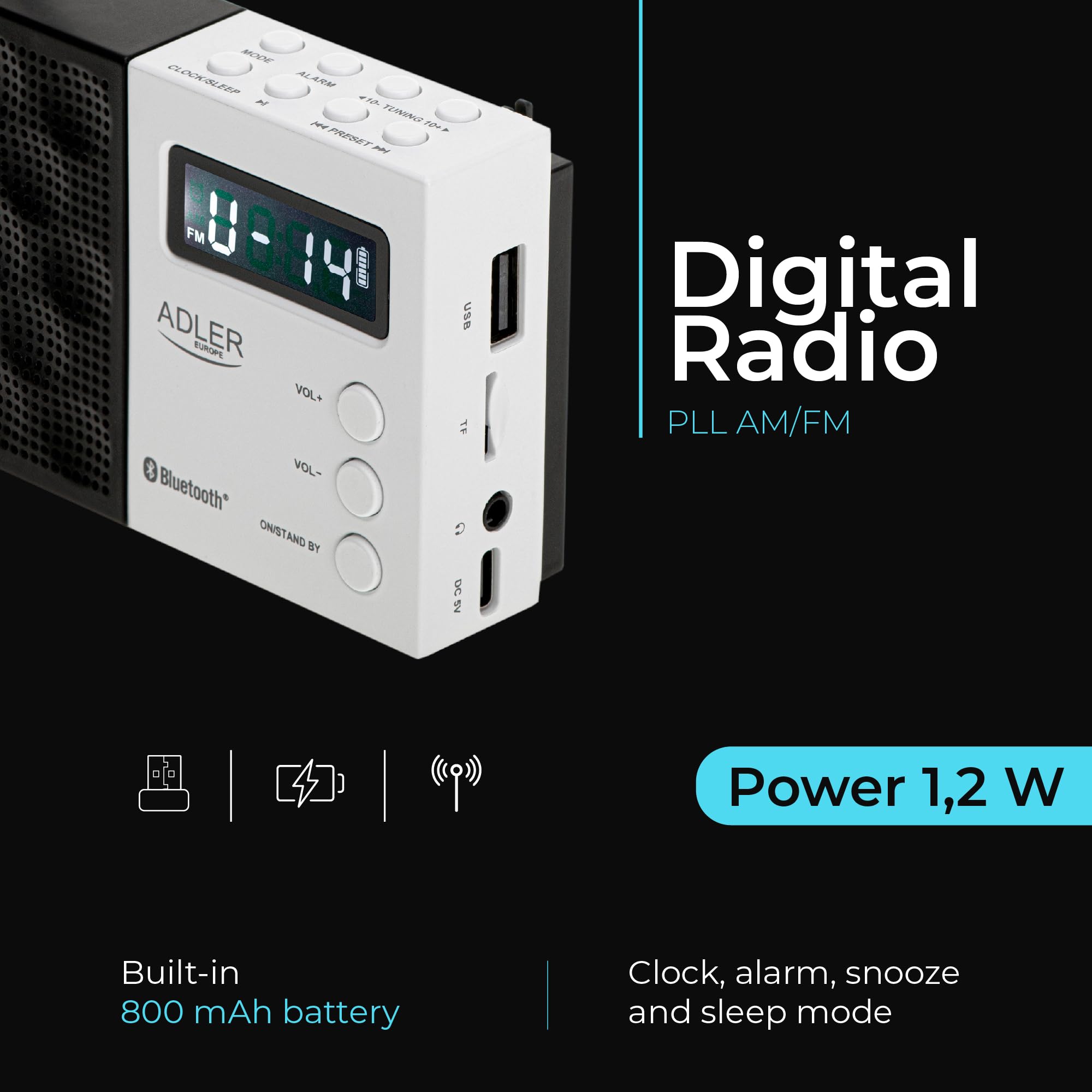 Adler Radio portatile digitale AD 1908, sintonizzazione PLL avanzata, FM con Bluetooth, schermo LCD, batteria rimovibile da 800 mAh, allarme, antenna telescopica, nero e bianco