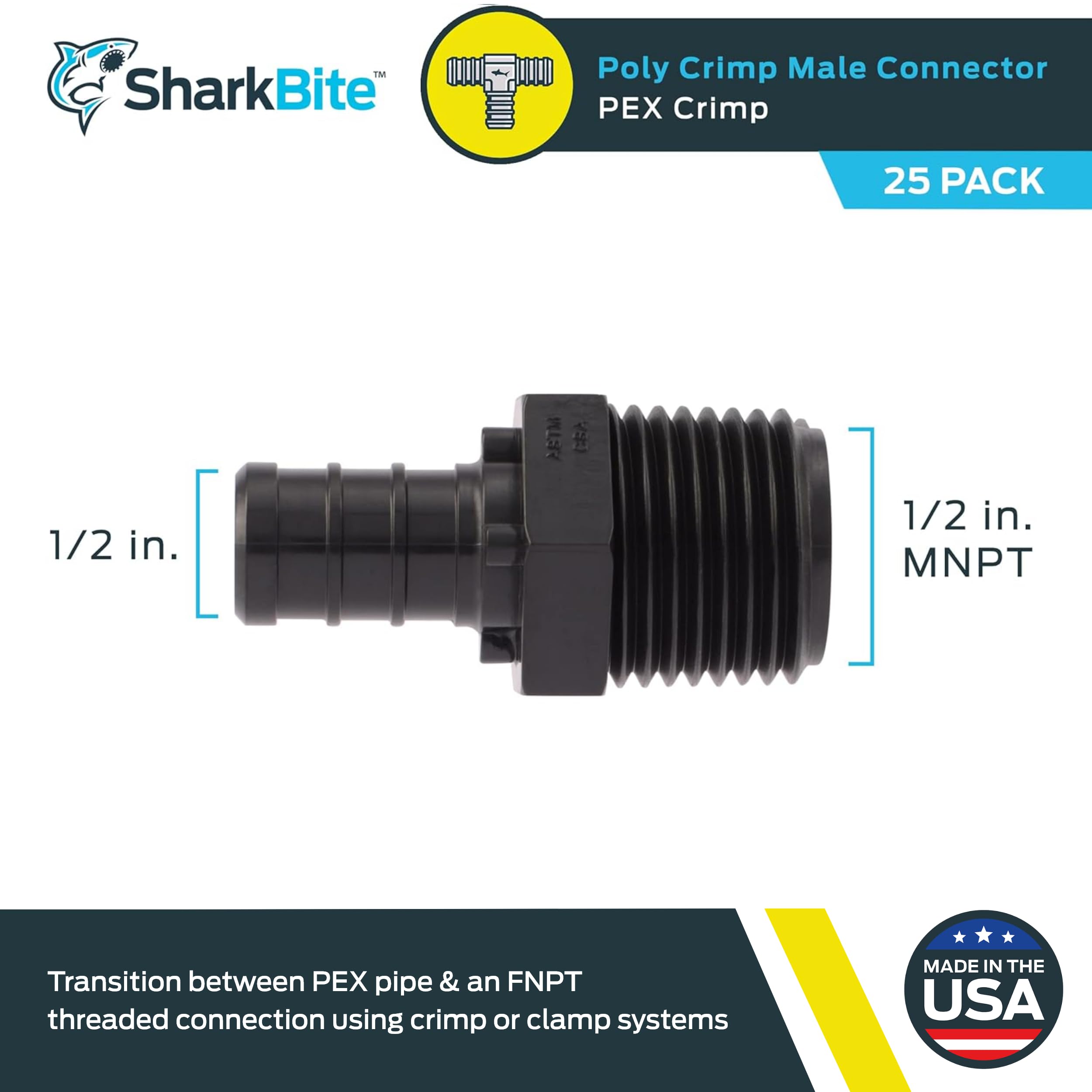 SharkBite Adaptador de crimpado de polietileno MNPT de 1/2 pulgada, paquete de 25, tubo PEX, PE-RT, UP120