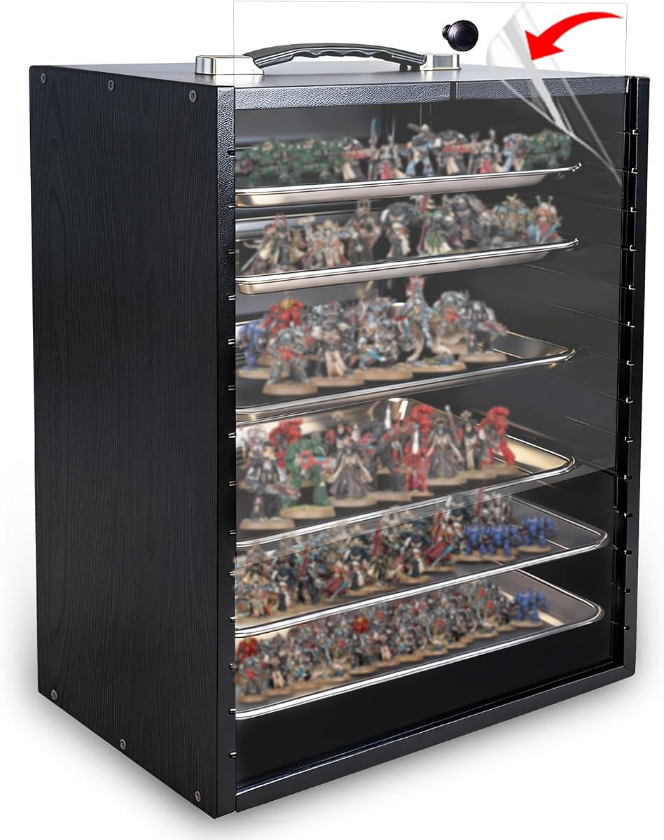Miniature Carry Case with 6 Magnetic Carbon Steel Trays, Wooden Tabletop Miniatures Storage Box with Clear Acrylic Door for Figurines, War Games Models, Portable Display Case