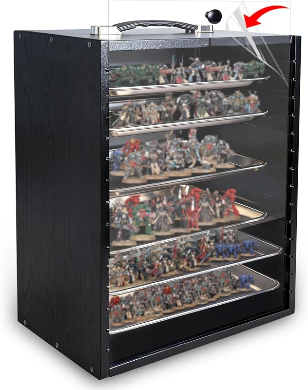 Miniature Carry Case with 6 Magnetic Carbon Steel Trays, Wooden Tabletop Miniatures Storage Box with Clear Acrylic Door for Figurines, War Games Models, Portable Display Case