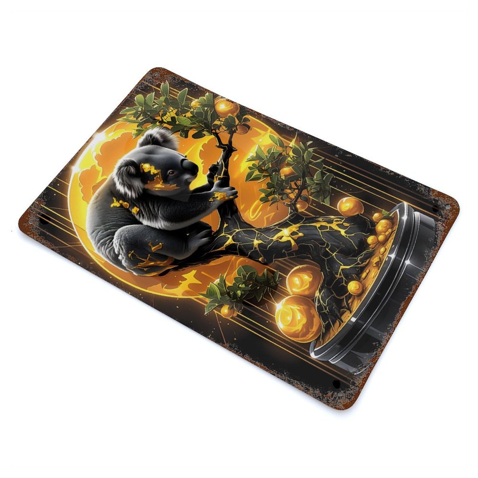 Rust Effect Koala Bonsai in Gold Rusty Metal Tin Sign 11.8"x7.9", Old School Wall Decor for Farmhouse, Kitchen And Entryway Decor