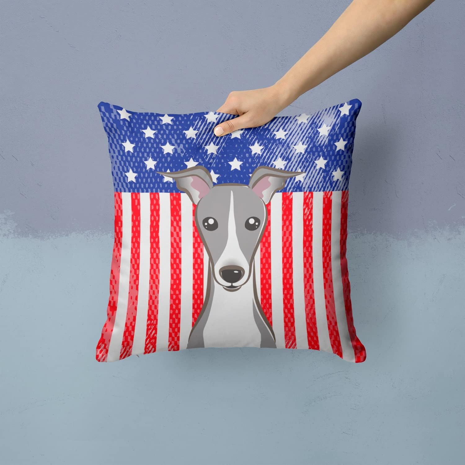 Caroline's Treasures BB2166PW1414 American Flag and Italian Greyhound Fabric Decorative Pillow Machine Washable, Indoor Outdoor Decorative Pillow for Couch, Bed or Patio, 14Hx14W
