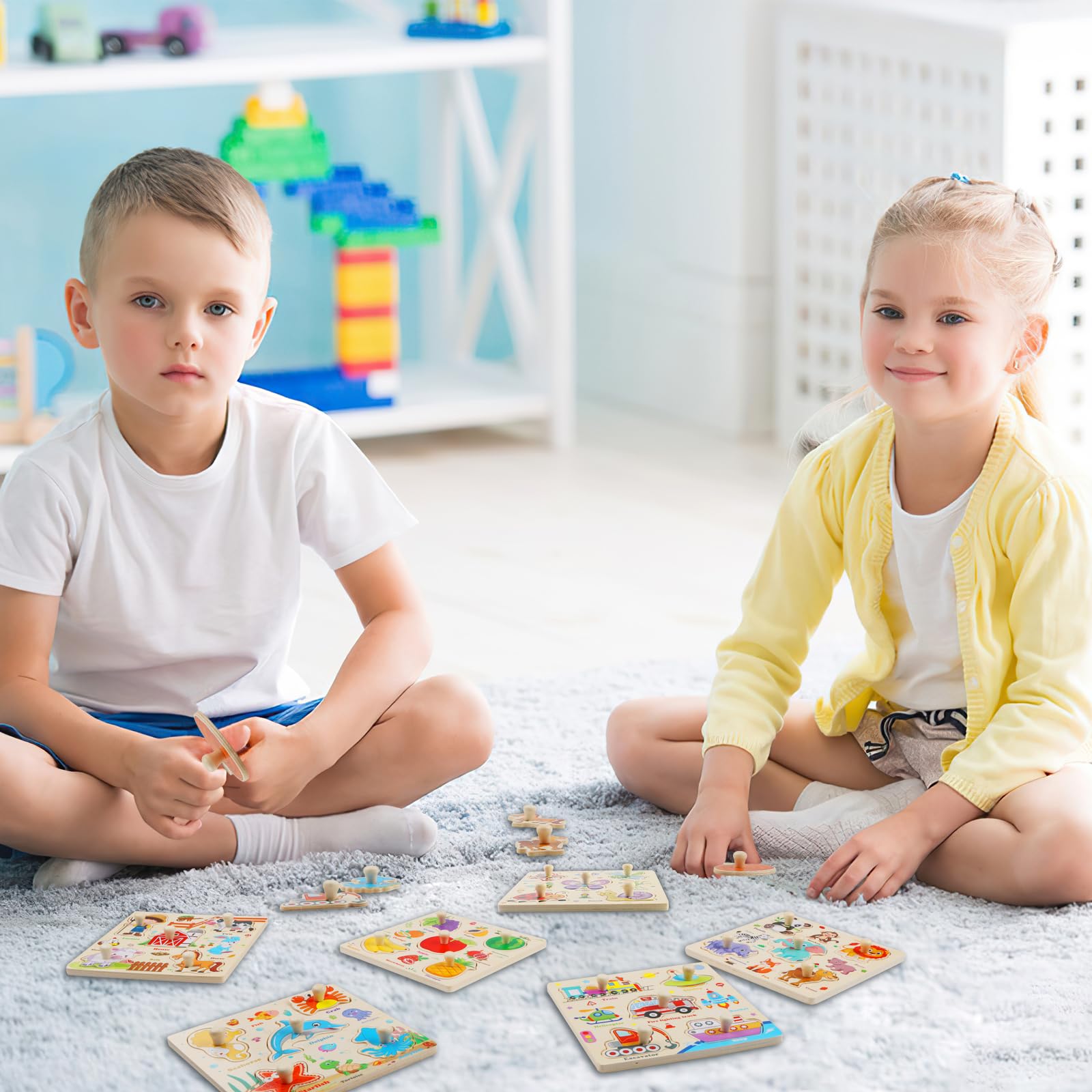 6 Pièces Puzzle Bois avec Poignée - Apprentissage Précoce Puzzle Encastrement éducatif Montessori pour Garçons Filles- Puzzles Encastrable Vehicule Ferme Fruits Animaux Marins Insectes