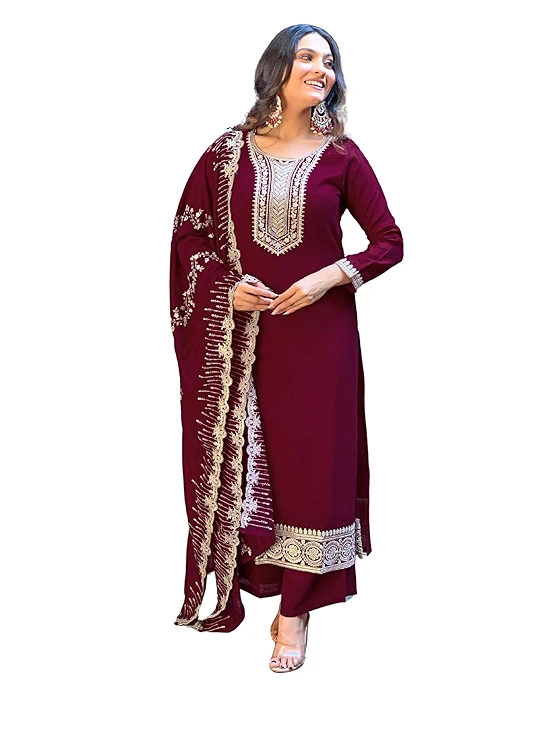 Wine Poly Silk Embroidered Straight Kurta & Pant With Dupatta main image 0