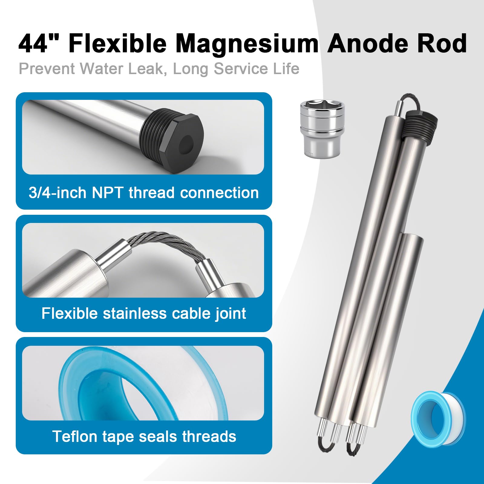 Anodo per scaldabagno al magnesio da 44 pollici compatibile con GE, Rheem | Kit flessibile NPT da 3/4" con presa da 1-1/16" e nastro in teflon; compatibile con Reliance, Richmond, Kenmore e AO Smith
