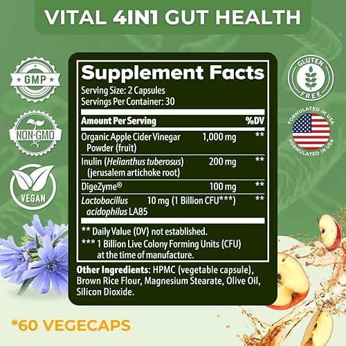 Miniatura 9 de Vital Gut Health Fórmula 4 en 1 con vinagre de sidra de manzana, prebióticos y probióticos, enzimas digestivas para un fuerte apoyo inmunitario y