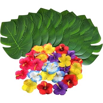 Hawaiian Party Decoration Set Tropical Party Decorations 30 Sheets + 24 Florid 54 St ck Tropische Party Dekoration Set Hawaii Party Deko f r Strand-Mottopartys Gastgeschenke 30 Gr nes Blatt+24 Florid