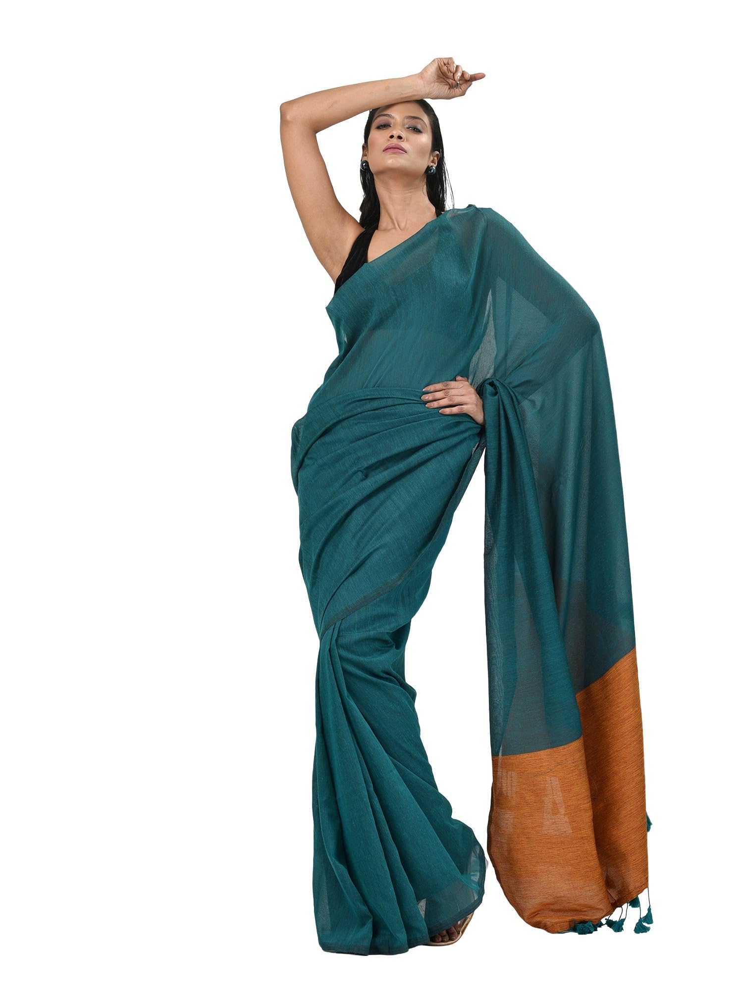 Teal Cotton Soft Saree With Solid Pattern-image-11