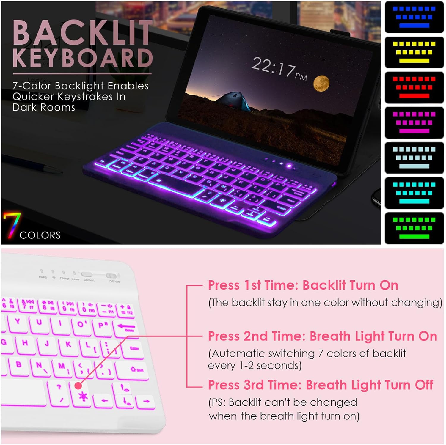 DETUOSI Backlit Keyboard Case for Samsung Galaxy Tab A7 Lite 8.7" 2021 (SM-T220/T227U) with S Pen Holder, 3 Viewing Angles Folio Leather Book Cover with Magnetic Closure + Wireless Keyboard Detachable