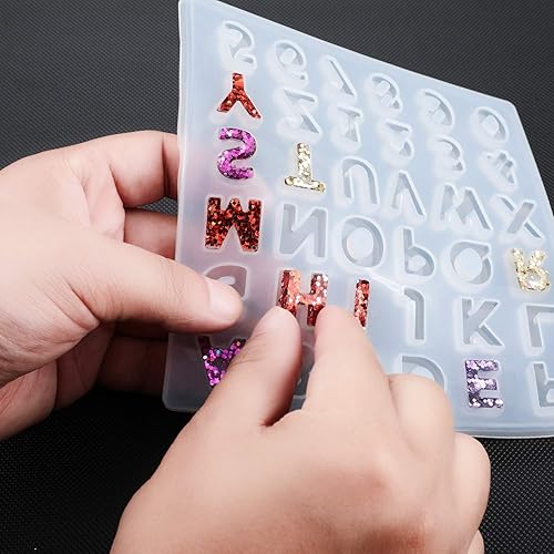 Miniatura 7 de Juego de 2 moldes de resina de letras del alfabeto, molde reutilizable de resina de silicona para fundición de epoxi con llavero, juego de taladro