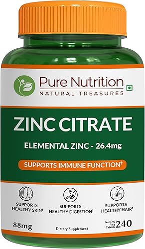Pure Nutrition Citrato de zinc de 26.4 mg  240 tabletas vegetales  Suplemento de citrato de zinc altamente absorbible para apoyar la salud de la