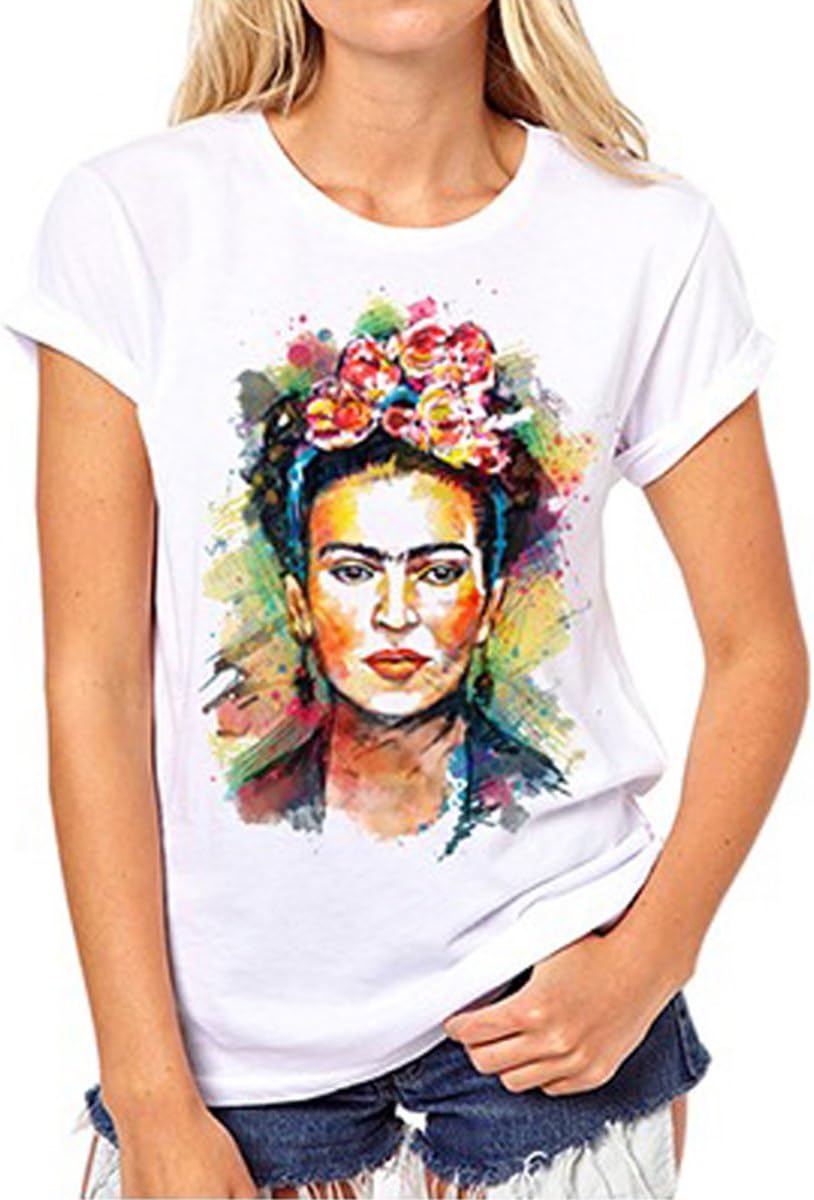 ZMLIA Frida Kahlo Graphic Tee Crew Neck Short Sleeve Plus Size Summer Women's T-Shirt White