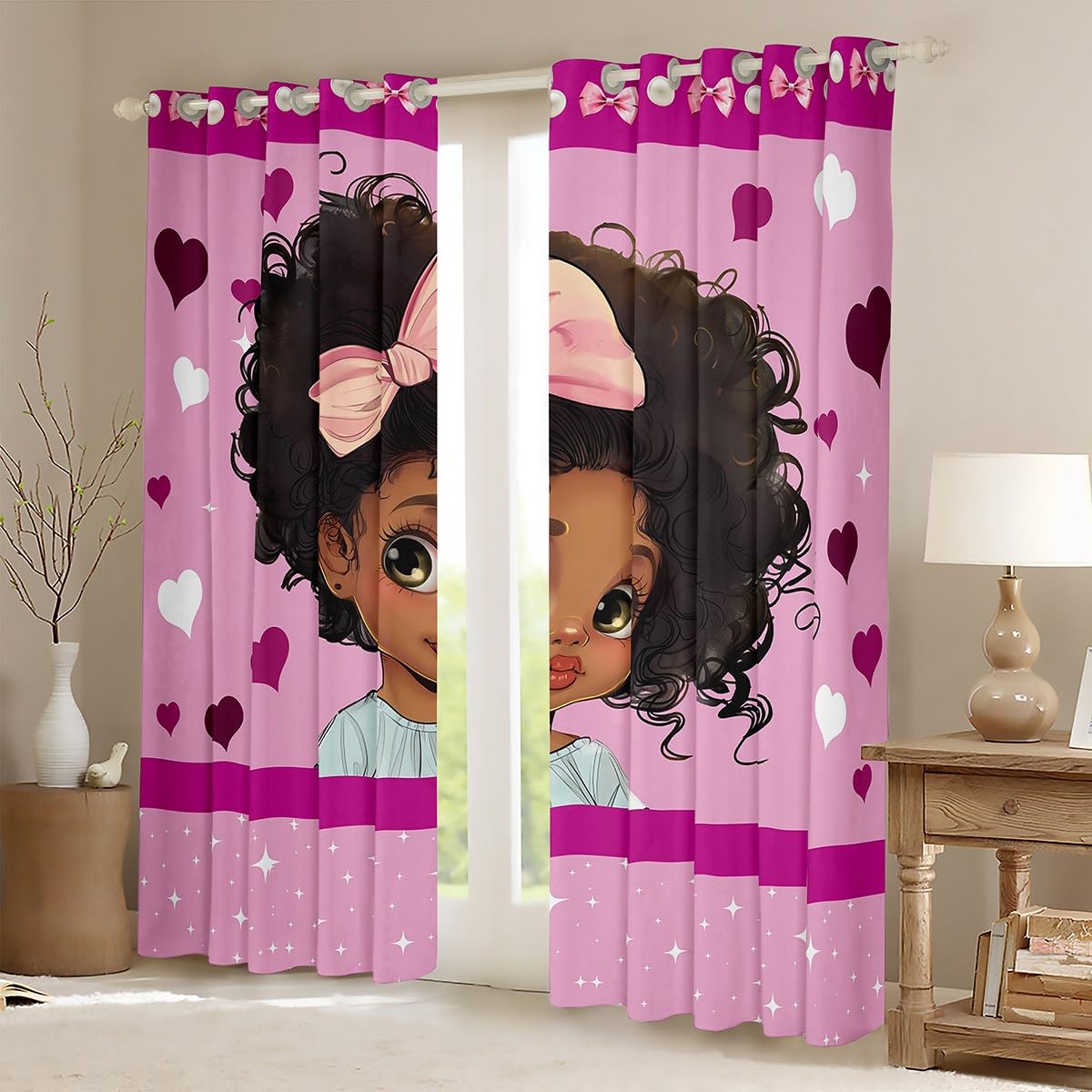 Cute Girl African Ethnic Curtains for Teens Bedroom Love Heart Starry Window Curtains Pearl Bow Knot Cartoon Window Drapes Girly Pink Window Treatments 52x84 Inches,2 Panels