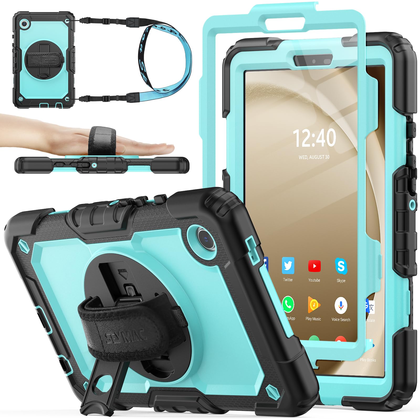 SEYMAC stock Case for Samsung Galaxy Tab A9 8.7'', Full-Body Drop Protection Case with Screen Protector Pencil Holder [360° Rotating Hand Strap] &
