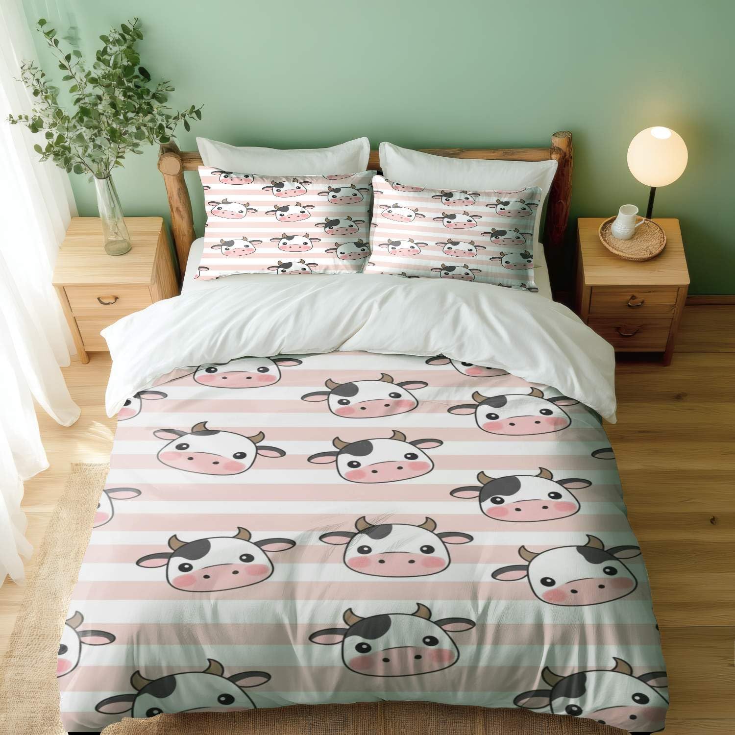 Parure de lit 3 pièces avec housse de couette vache imprimée et cœur 3D