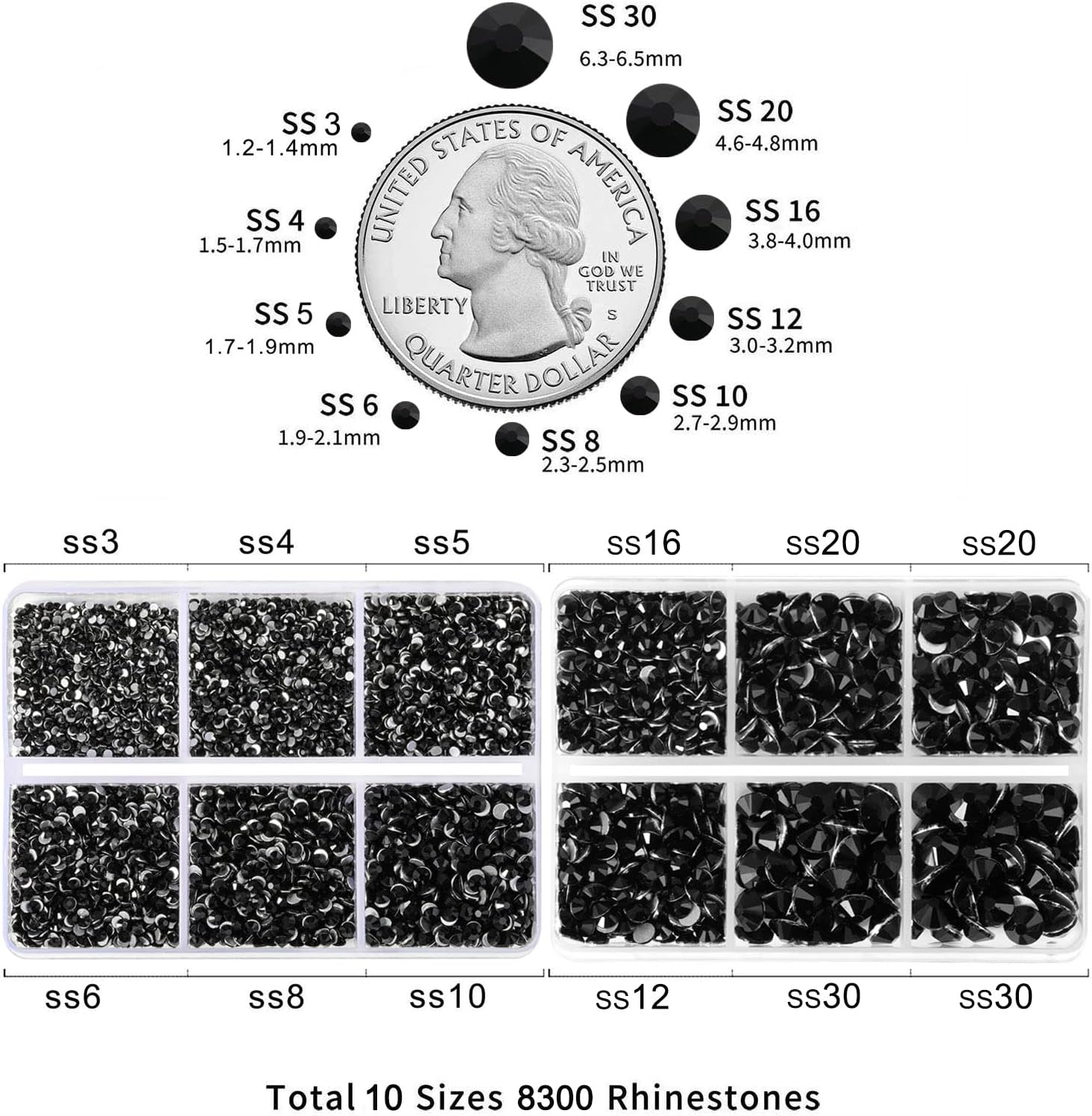 Beadsland 8300PCS Flatback Rhinestones, Black Rhinestone Round Crystal Rhinestones for Crafts, Mixed 10 Sizes with Wax Pencil and Tweezer Kit, SS3-SS30, Jet Black - Image 4