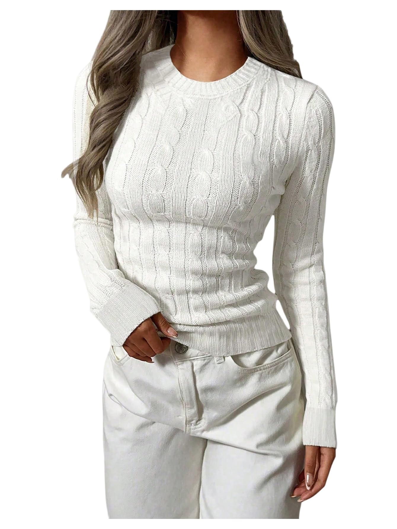 SHENHE Womens Oversized Sweater Textured Cable Knit Crew Neck Long Sleeve Sweater