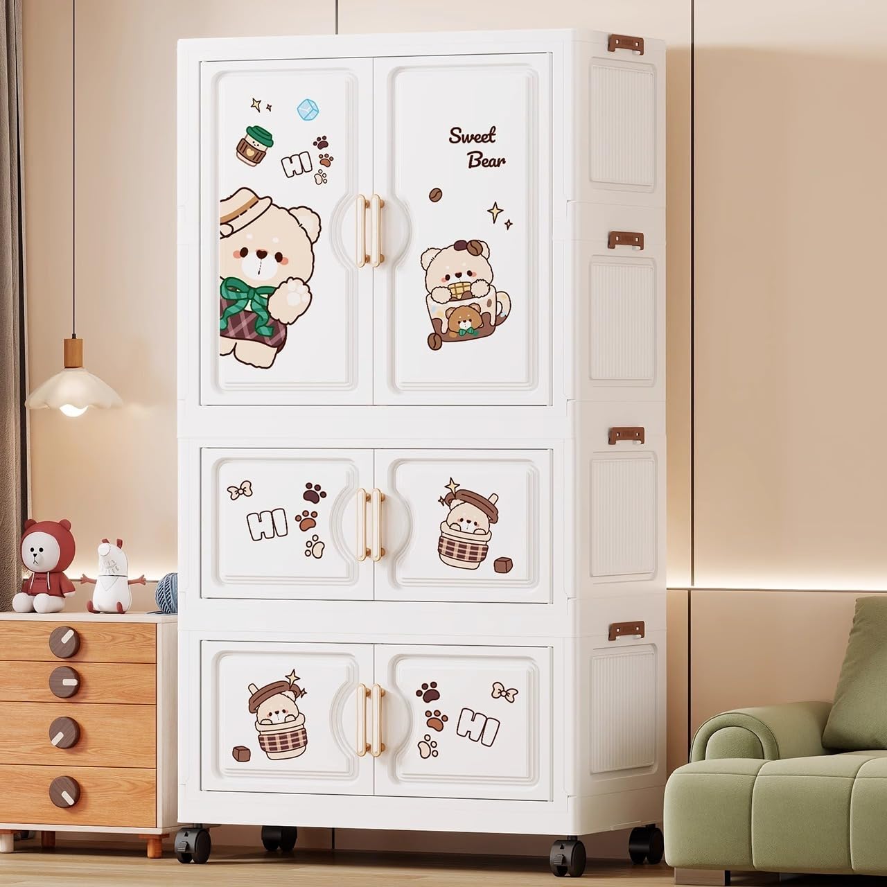 Mevigo 3-Door Plastic Wardrobe for Kids| Almirah and Wardrobe for Baby Clothes| Modular Storage Cabinet with Wheel Organizer for Cupboard Rack for Clothes/Shoes/Books/Toy -Bear-K70212