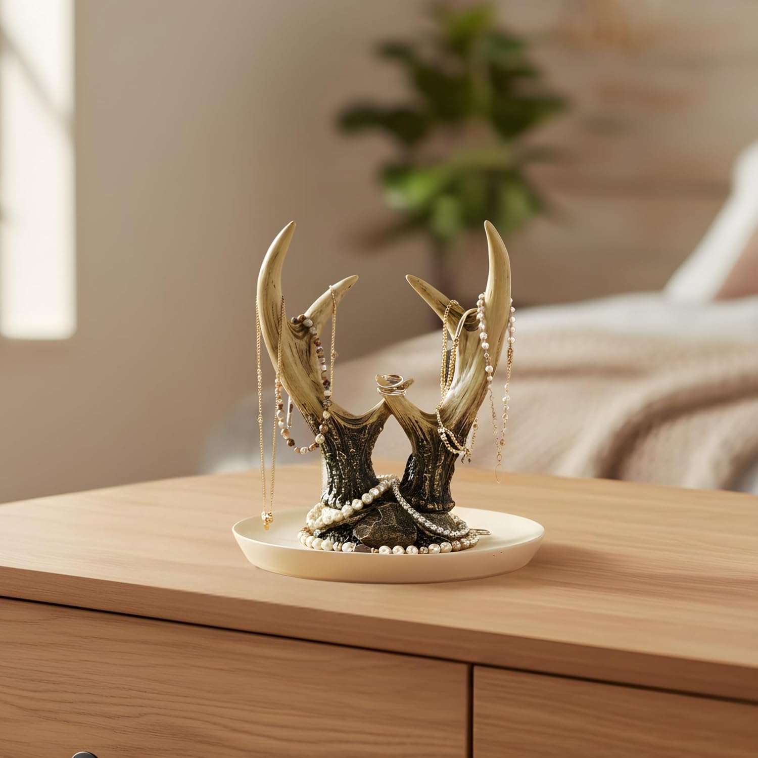 BestGiftEver Antler Jewelry Stand Organizer, Faux Deer Horn Necklace Holder and Ring Dish Tray, Rustic Resin Jewelry Tree for Vanity Dresser & Nightstand, Unique Nature Inspired Gift for Women