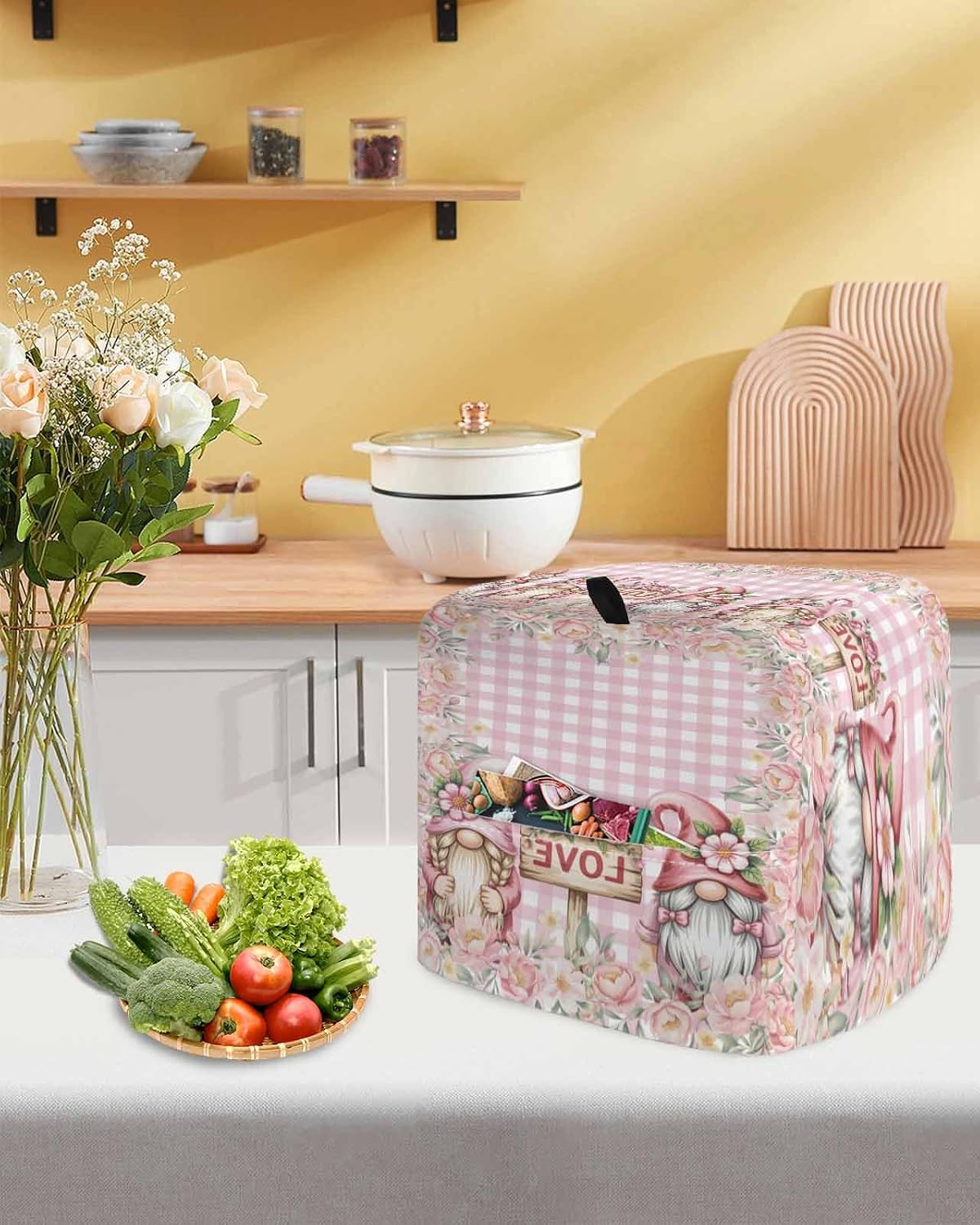 Valentine's Day Stand Mixer Cover with Storage Pocket, Waterproof Kitchen Mixer Covers, Pink Gnomes Rose Flowers Buffalo Plaid Kitchen Appliance Dust Cover Compatible with 5-8 Quart Mixers