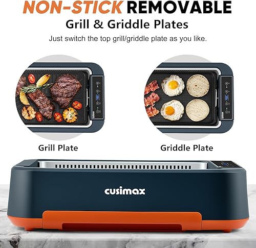 Miniatura 4 de CUSIMAX - Parrilla eléctrica, parrilla y plancha sin humo, parrilla eléctrica coreana con extractor de humo turbo y esponja de filtro reemplazable,