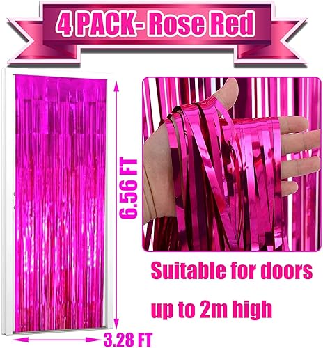 Miniatura 2 de Paquete de 4 cortinas de flecos de papel de aluminio fucsia, 3.28 pies x 6.56 pies, cortinas metálicas de oropel con flecos para fiestas, accesorios