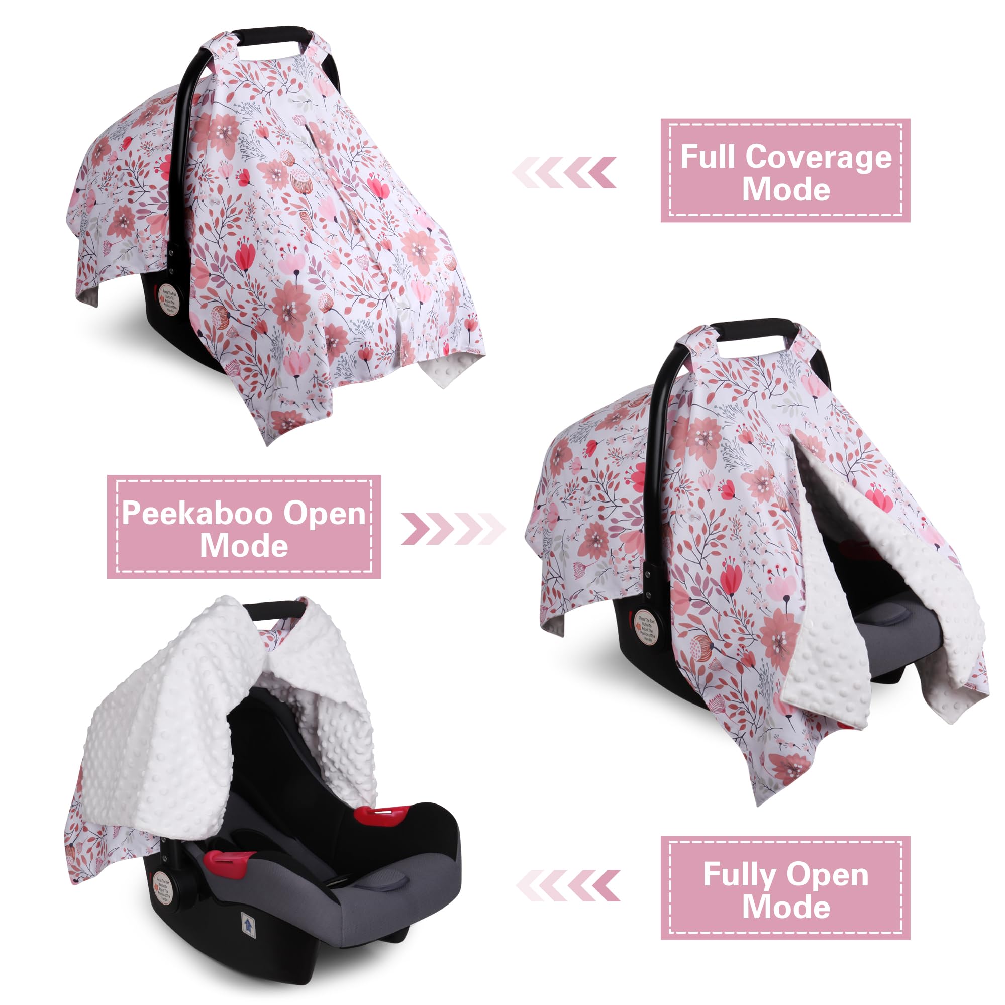 Rquite Funda de asiento de coche para bebé, fundas de asiento de coche para bebé, niña y niño, funda de asiento de coche infantil de flores rosas, toldo transpirable de apertura Peekaboo, cubierta de