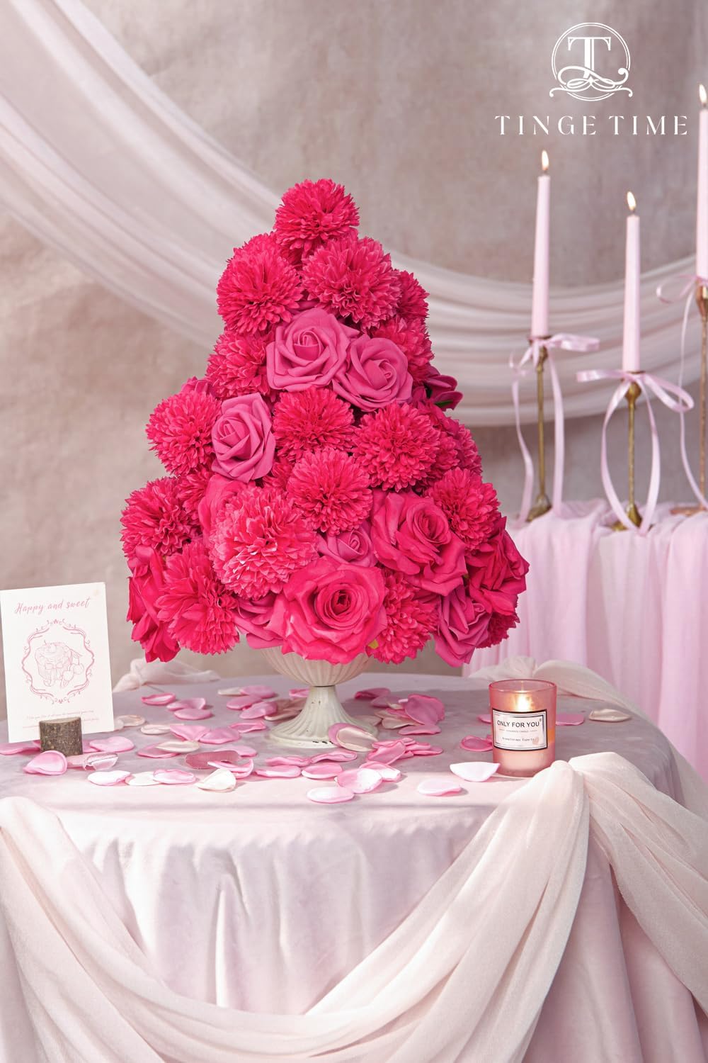 TINGE TIME Rose Artificial Flowers Combo, 23pcs Hot Pink Gradient Fake Flowers Chrysanthemum with Stems for DIY Wedding Bouquets Table Centerpieces Baby Shower Party Home Decorations