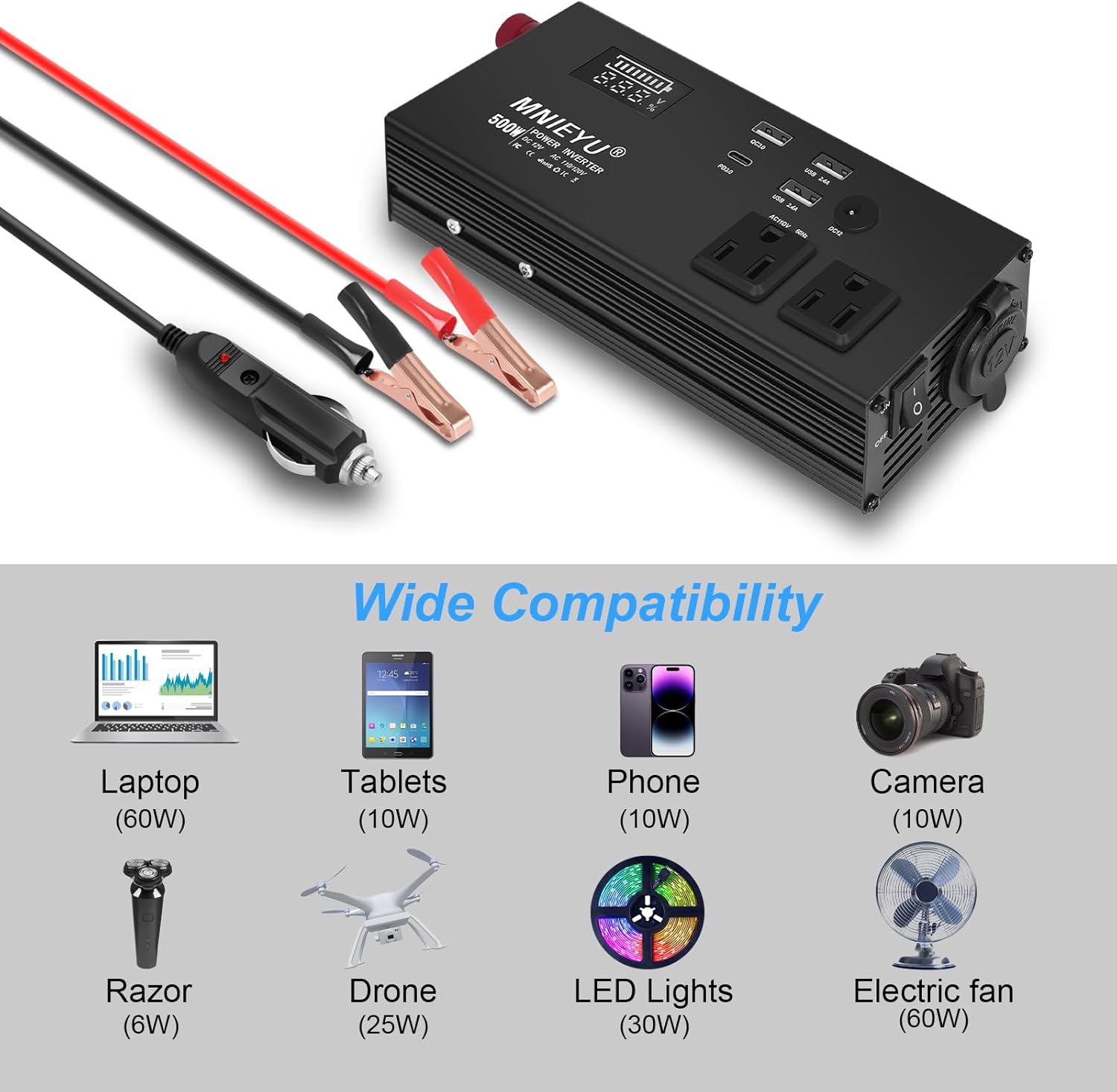 500W Power Inverter- Inverter 12v to 110v Power Inverter for Vehicles and car