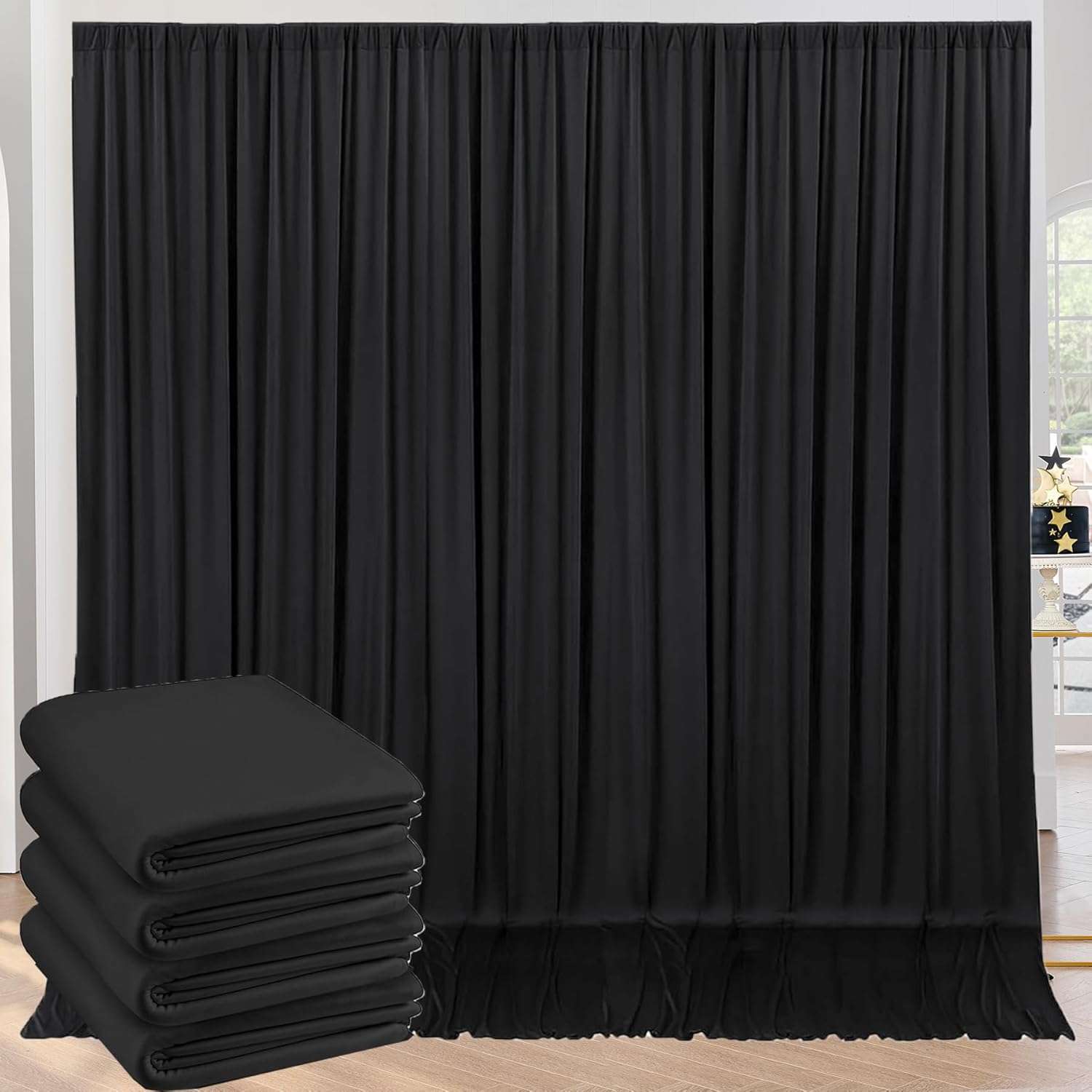 20ft x 10ft Wrinkle Free Black Backdrop Curtains for Parties, 4 Panels 5x10ft Silky Polyester Black Photo Backdrop Drapes for Wedding Graduation Birthday Party Photography Background 20ftx10ft Black