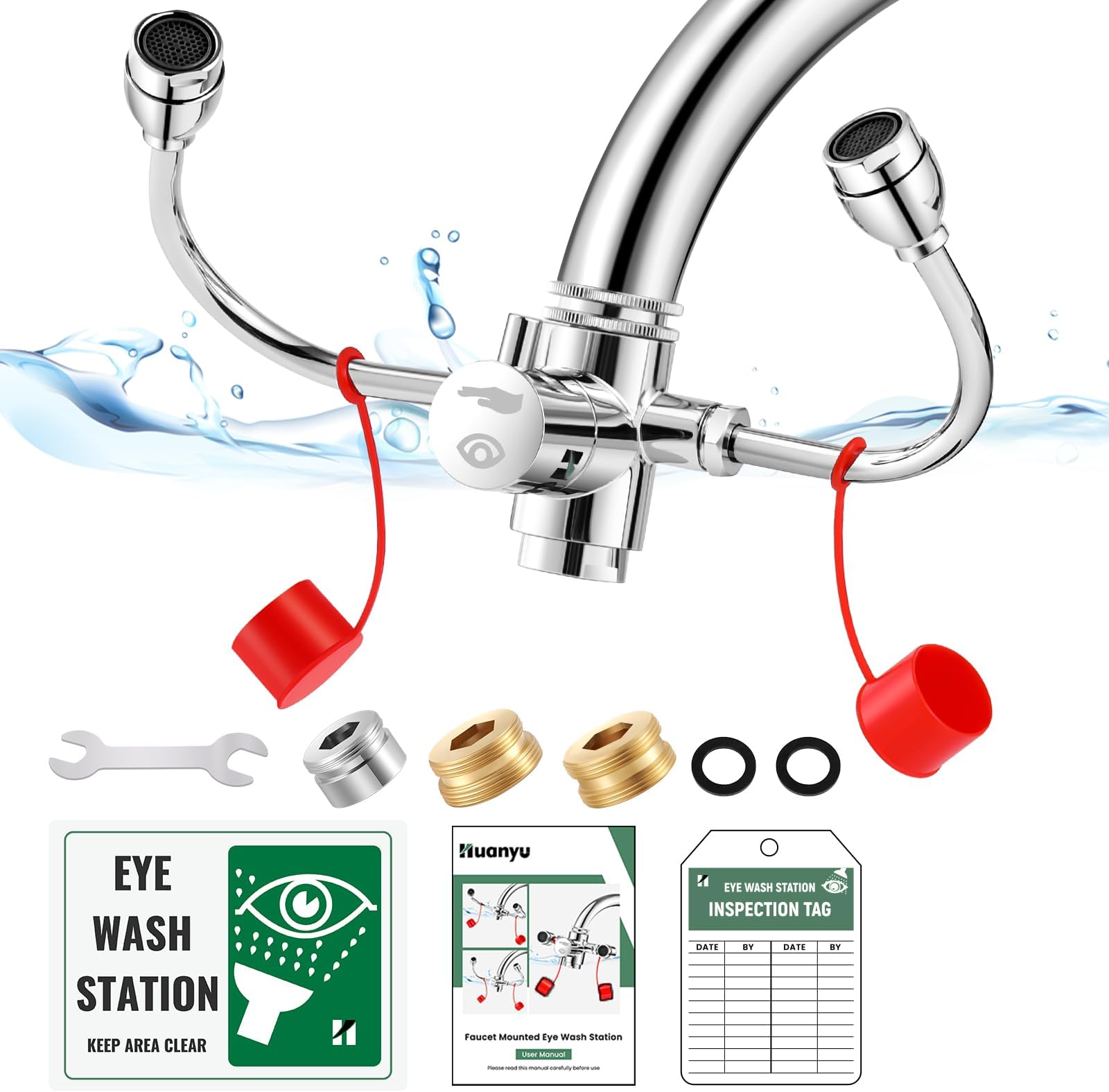 Huanyu Faucet Mounted Eyewash Station 360°Rotation Emergency Eye Wash Station Sink Attachment Adjustable Water Flow Direction Eye Wash Faucet for Lab Factory with 3 Adapters (Style C)