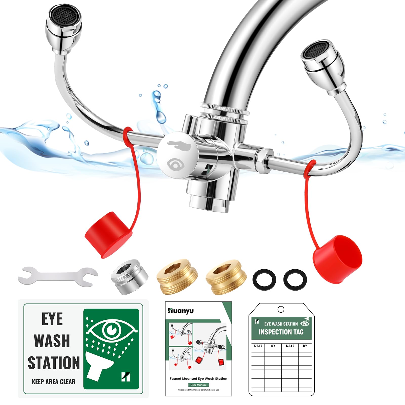 HuanyuFaucet Mounted Eyewash Station 360°Rotation Emergency Eye Wash Station Sink Attachment Adjustable Water Flow Direction Eye Wash Faucet for Lab Factory with 3 Adapters (Style C)
