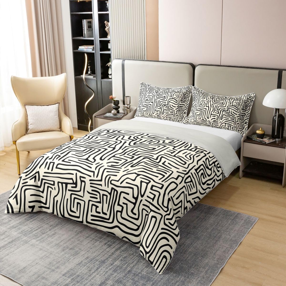 jejeloiu Black and Beige Duvet Cover 100% Cotton Queen Size Stripes Bedding Set for Boys Girls Modern Abstract Comforter Cover Geometric Bedroom Decor 3Pcs Zipper Closure with 2 Pillowcases