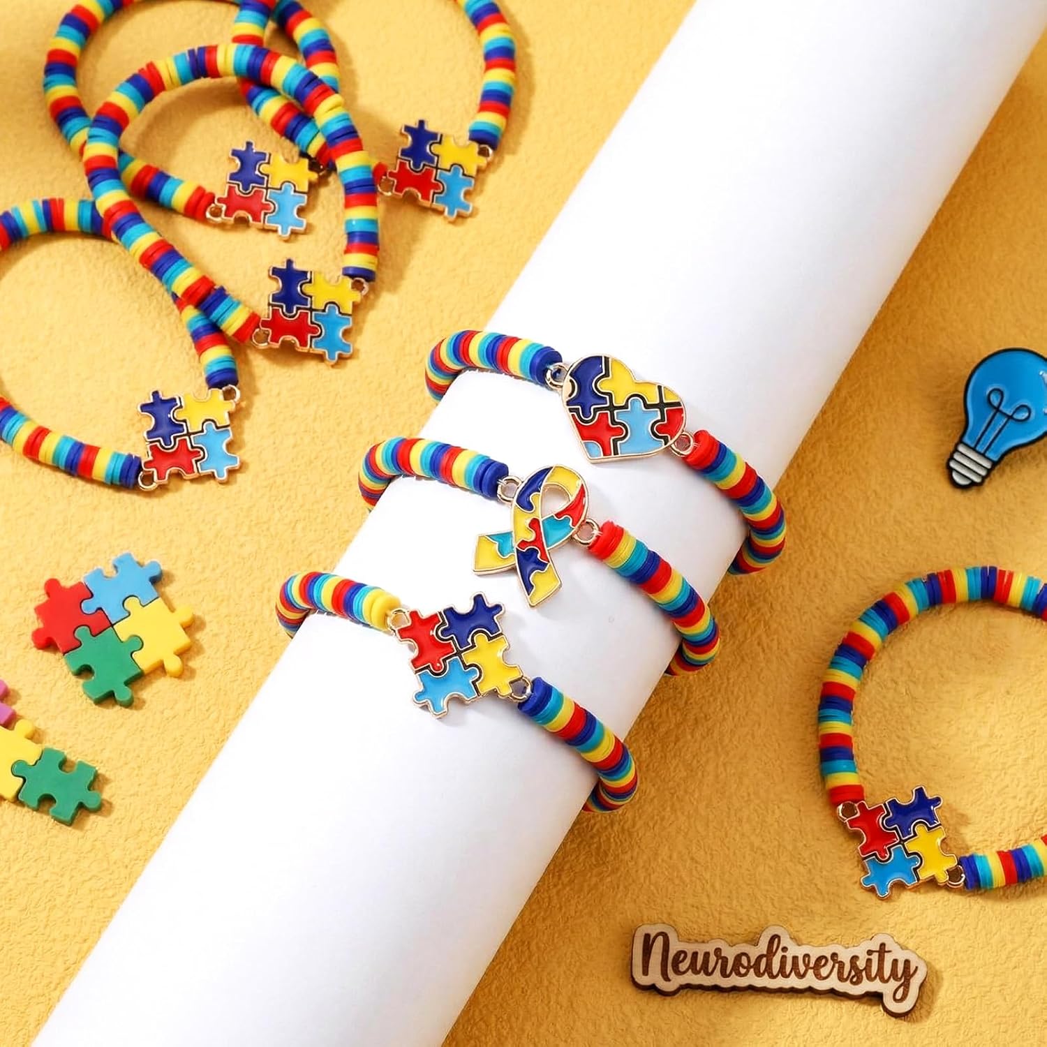 24 Pcs Autism Awareness Clay Bead Bracelets Bulk Colorful Puzzle Pieces Inspirational Jewelry Accessories for Autism Awareness Party Favors Gift Supplies - Image 4
