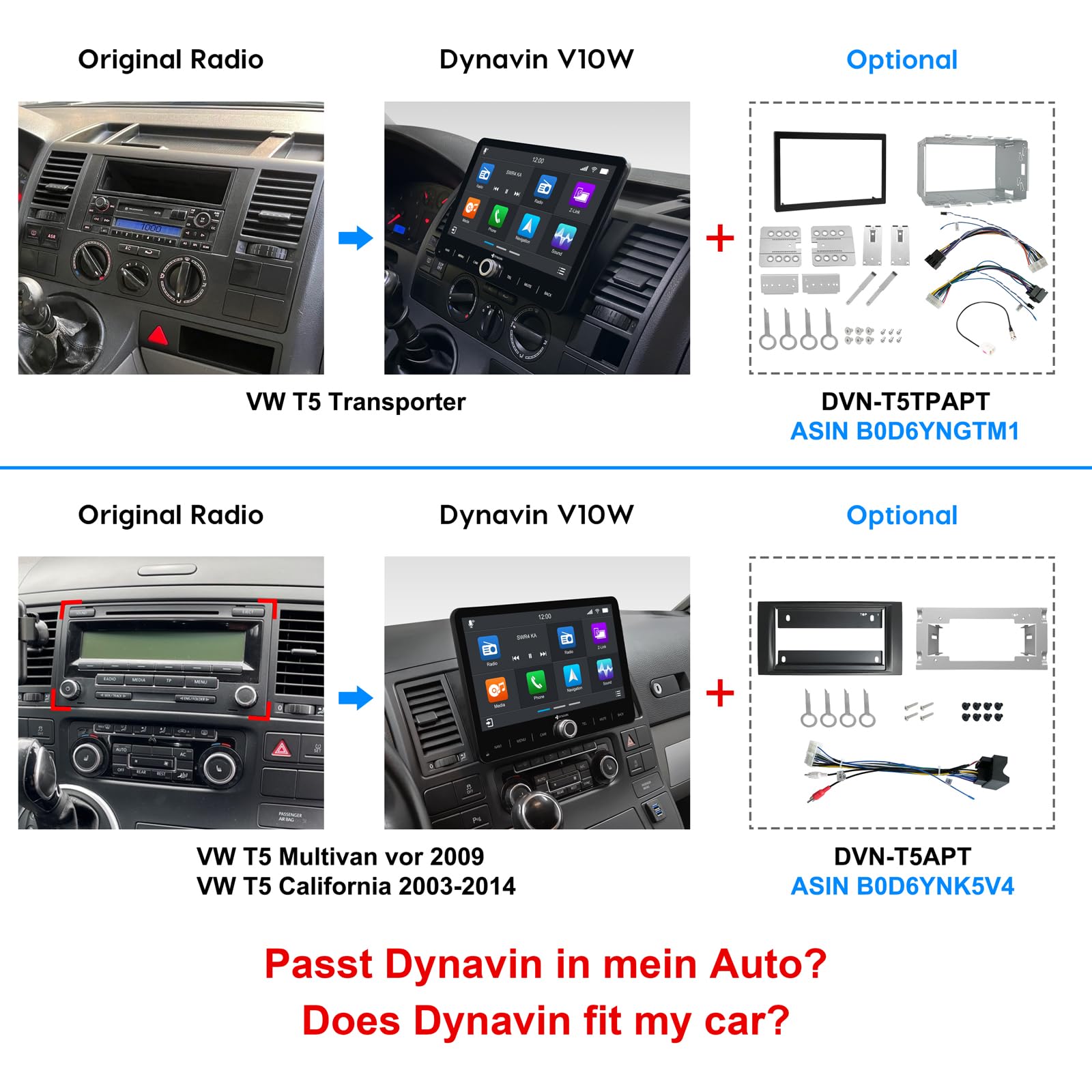 DYNAVIN Android Autoradio Navi für VW T5 T6 Caddy Tiguan Sharan Skoda, 10,1 Zoll Radio mit Wireless Carplay und Android Auto | Head-up Display | Inkl. DAB+: D9-V10W PR F