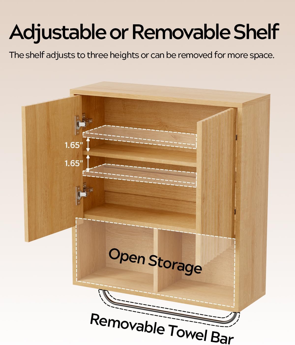 Fluted Wall Cabinet, Modern Medicine Cabinet Bathroom with Doors and Adjustable Shelf Towel Rack Wood Storage Cabinet for Kitchen Dining Room Living Room, Natural Oak