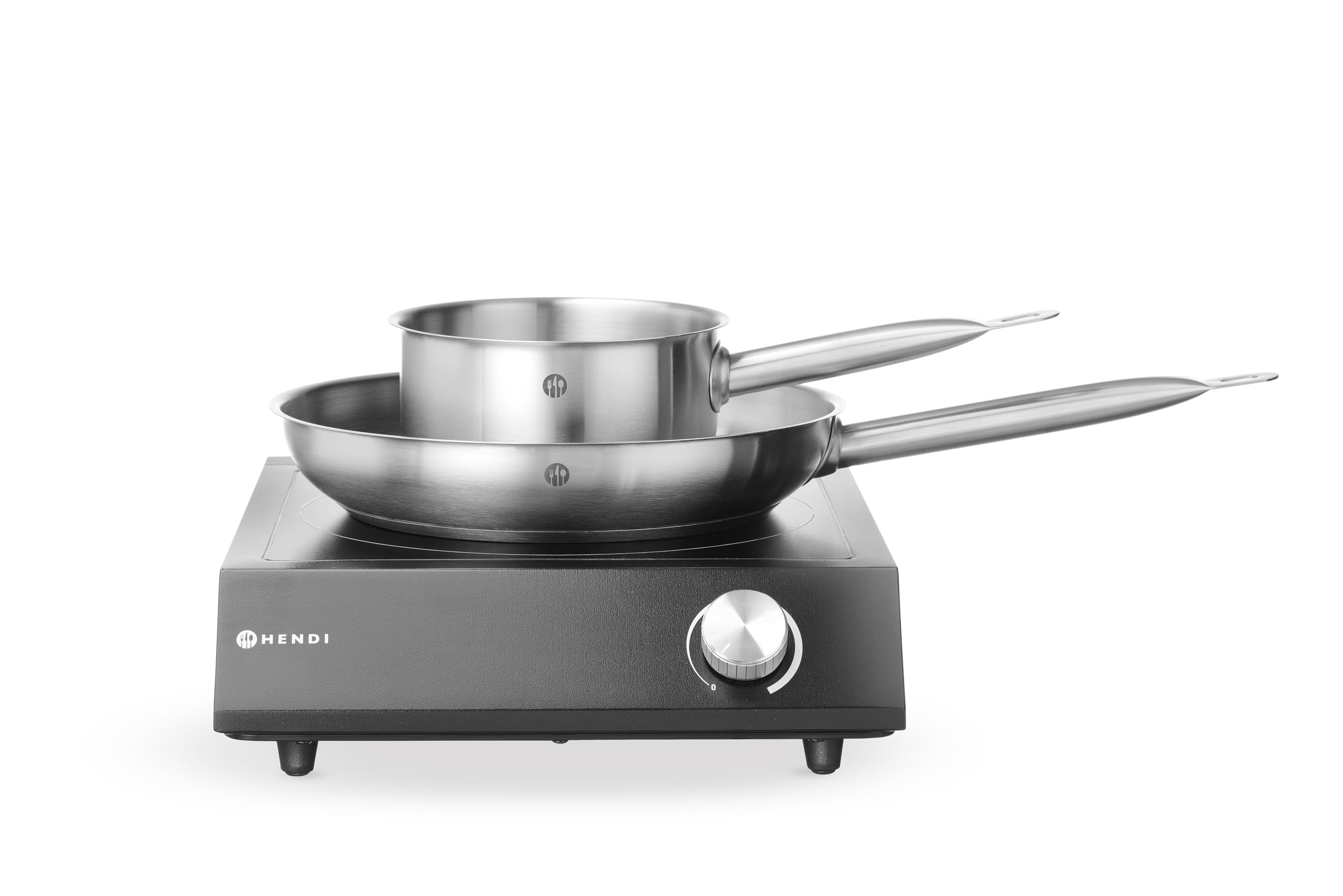 HENDI Plaque de cuisson à induction de table avec poêle et casserole, commande par bouton, 31 niveaux de puissance, 230V/3500W, 320x395x(H)95mm, verre, fer, acier inoxydable