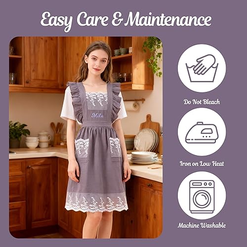 Miniatura 4 de Delantal vintage para mujer con bolsillos, delantales de chef personalizados con nombre para cocina, cocción, hornear, jardinería